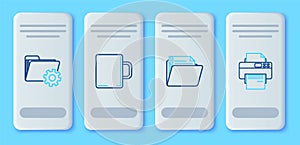 Set line Coffee cup, Document folder, Folder settings with gears and Printer icon. Vector