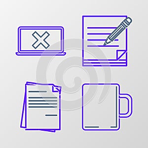 Set line Coffee cup, File document, Blank notebook and pencil with eraser and Laptop cross mark on screen icon. Vector