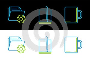 Set line Coffee cup, Folder settings with gears and File document icon. Vector