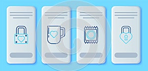 Set line Coffee cup and heart, Condom in package, Lock and Castle the shape icon. Vector