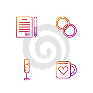 Set line Coffee cup and heart, Glass champagne, Marriage contract and Wedding rings. Gradient color icons. Vector