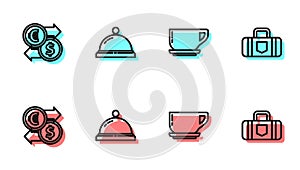 Set line Coffee cup, Money exchange, Hotel service bell and Suitcase icon. Vector