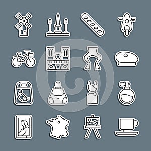 Set line Coffee cup, Perfume, French beret, baguette bread, Notre Dame, Bicycle, Windmill and Frog legs icon. Vector