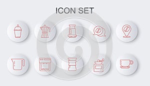 Set line Coffee cup, pot, Aeropress coffee, Manual grinder, to go, moca, machine and Pour over maker icon. Vector