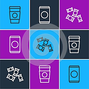 Set line Coffee cup to go, Candy and Soda can with straw icon. Vector