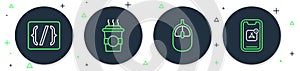 Set line Coffee cup to go, Computer mouse, Programming language syntax and Mobile Apps icon. Vector