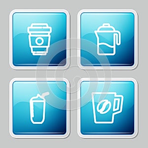 Set line Coffee cup to go, French press, Milkshake and icon. Vector