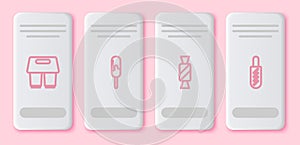 Set line Coffee cup to go, Ice cream, Candy and Hotdog sandwich. White rectangle button. Vector