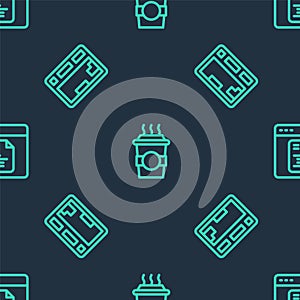 Set line Coffee cup to go, Keyboard and Software on seamless pattern. Vector