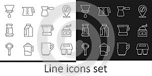 Set line Coffee cup to go, Manual coffee grinder, turk, Bag beans, Aeropress, V60 maker, and pot icon. Vector