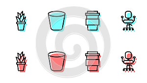 Set line Coffee cup to go, Plant in pot, Trash can and Office chair icon. Vector