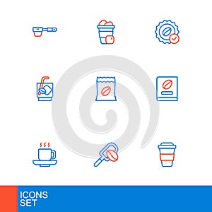 Set line Coffee cup to go, Spatula with coffee grain, book, Espresso tonic, Bag beans, Medal for and Iced icon. Vector