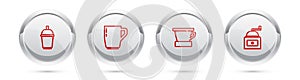 Set line Coffee cup to go, , V60 coffee maker and Manual grinder. Silver circle button. Vector