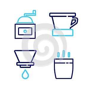 Set line Coffee cup, V60 coffee maker, and Manual grinder icon. Vector