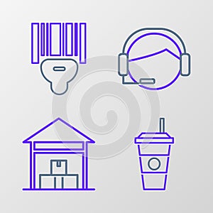 Set line Coffee cup, Warehouse, Support operator in touch and Scanner scanning bar code icon. Vector