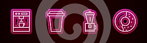 Set line Coffee machine, cup to go, Electric coffee grinder and Donut with sweet glaze. Glowing neon icon. Vector