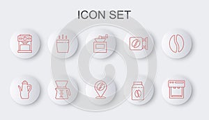 Set line Coffee machine, Teapot, Manual coffee grinder, Bag beans, cup, Pour over maker and Location with icon. Vector