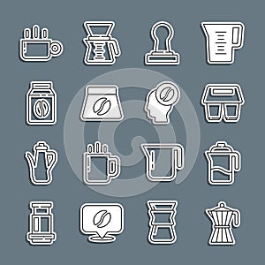 Set line Coffee moca pot, French press, cup to go, tamper, Bag coffee beans, and Barista icon. Vector