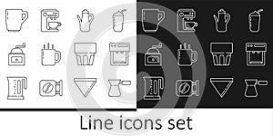 Set line Coffee turk, machine, Teapot, cup, Manual coffee grinder, Glass with water and icon. Vector