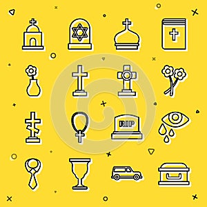 Set line Coffin with cross, Tear cry eye, Flower, Church tower, Grave, vase, Old crypt and icon. Vector