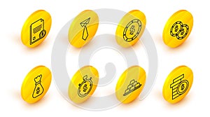 Set line Coin money with dollar symbol, Gold bars, Time is, Money bag, Tie and Finance document icon. Vector