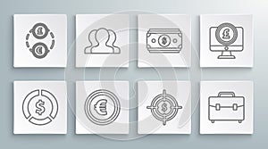 Set line Coin money with dollar symbol, Users group, euro, Target, Briefcase, Stacks paper cash, Computer monitor pound