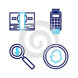 Set line Coin money, Magnifying glass and dollar, POS terminal with credit card and Stacks paper cash icon. Vector