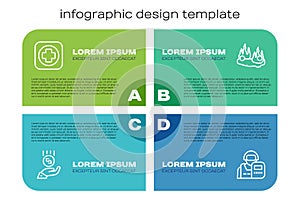 Set line Coins on hand - minimal wage, Hospital signboard, Police officer and Burning car. Business infographic template