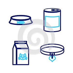 Set line Collar and heart, Bag of food for cat, Canned and Pet bowl icon. Vector