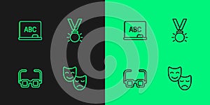 Set line Comedy and tragedy masks, Glasses, Chalkboard and Medal icon. Vector