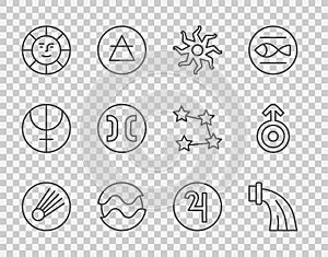 Set line Comet, Aquarius zodiac, Sun, Planet, Pisces, Symbol Jupiter and Uranus icon. Vector