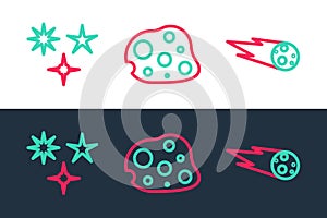 Set line Comet falling down fast, Falling star and Asteroid icon. Vector