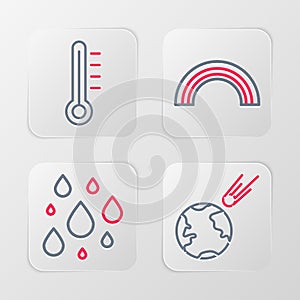 Set line Comet falling down fast, Water drop, Rainbow and Meteorology thermometer icon. Vector