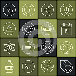 Set line Comet, Full moon, Calendar, Sagittarius zodiac, Water drop, Air element, Venus symbol and Libra icon. Vector