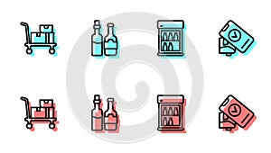 Set line Commercial refrigerator, Hand truck and boxes, Whiskey bottle and POS terminal icon. Vector