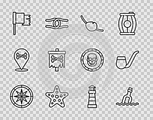 Set line Compass, Bottle with message in water, Pirate eye patch, Starfish, flag, Lighthouse and Smoking pipe icon