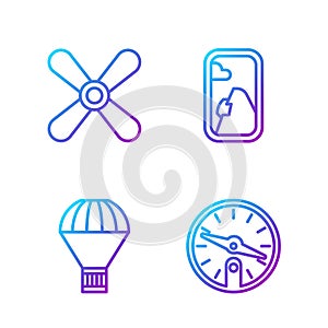 Set line Compass, Box flying on parachute, Plane propeller and Airplane window. Gradient color icons. Vector