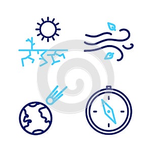 Set line Compass, Comet falling down fast, Wind and Drought icon. Vector