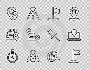 Set line Compass, Flag, Folded map with location marker, Map pin, Route, Magnifying glass globe and Laptop icon. Vector