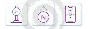 Set line Compass on mobile, Traffic sign turn left and icon. Vector