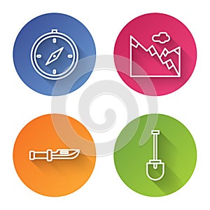 Set line Compass, Mountains, Camping knife and Shovel. Color circle button