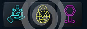 Set line Compass, Road traffic sign and Location on the globe. Black square button. Vector