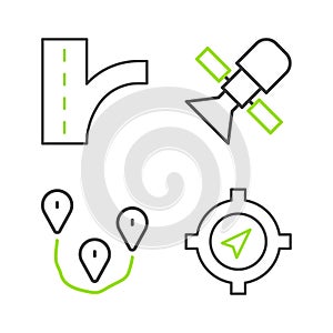 Set line Compass, Route location, Satellite and Road traffic sign icon. Vector