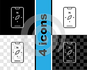 Set line Compass screen apps on smartphone for navigation icon isolated on black and white, transparent background