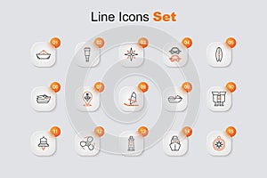 Set line Compass, Yacht sailboat, Lighthouse, Boat propeller, Ship bell, Binoculars, Jet ski and Windsurfing icon