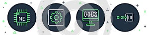 Set line Computer api interface, Algorithm, Processor CPU and Binary code icon. Vector