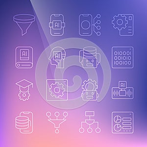 Set line Computer api interface, Artificial intelligence AI, Binary code, Neural network, Humanoid robot, Funnel filter