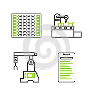 Set line Computer api interface, Assembly line, Factory conveyor system belt and Printed circuit board PCB icon. Vector
