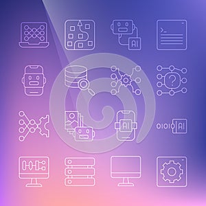 Set line Computer api interface, Binary code, Neural network, Artificial intelligence robot, Server, Chat, and icon