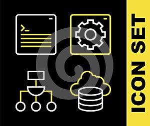 Set line Computer api interface, Cloud database, Algorithm and Web developer programming code icon. Vector